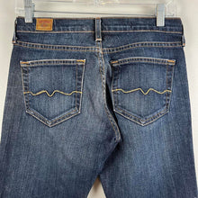 Load image into Gallery viewer, Red engine flare dark wash jeans
